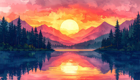 Sunset over the mountain lake. Vector illustration for your design.の素材