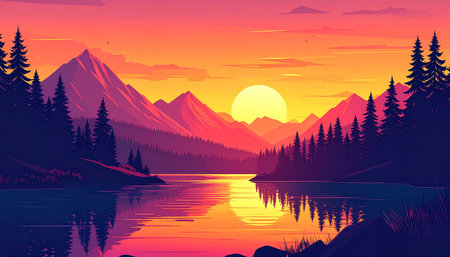 Mountain lake landscape. Vector illustration of a mountain lake at sunset.の素材