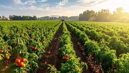 Rows of ripe red bell peppers growing in a field at sunsetの素材