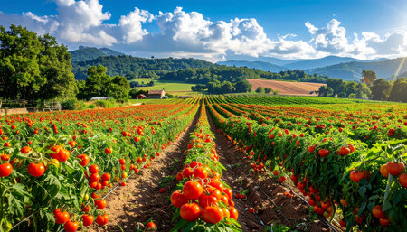Agricultural field with red tomatoes on the background of the mountainsの素材