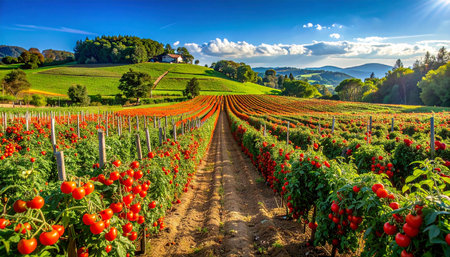 Panoramic view of vineyards with red and yellow tomatoes in Chianti, Tuscany, Italyの素材