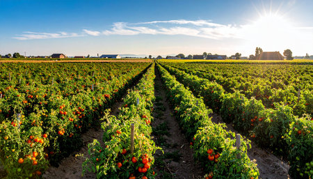Rows of red tomatoes growing on a vineyard in the countrysideの素材