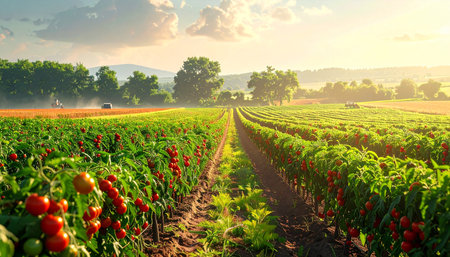 Agricultural field with red peppers in the morning. Tuscany, Italyの素材