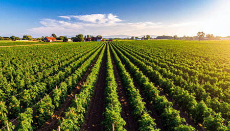 Aerial view of a vineyard in the morning. Vineyards in the countrysideの素材