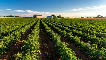 Pepper field at sunset in summer. Rural landscape with red pepper plants.の素材