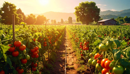 Tomatoes in the field on sunset. Rows of red tomatoesの素材