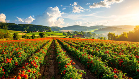 Pepper field in the morning light. Beautiful summer landscape with red pepper.の素材