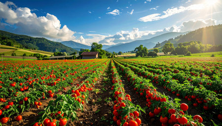Rows of red tomatoes on the background of mountains and blue skyの素材