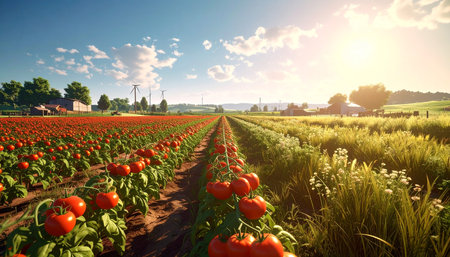 Rows of red tomatoes on the field in the rays of the setting sunの素材