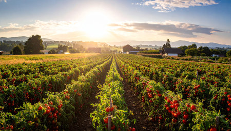 Rows of red tomatoes growing in a vineyard at sunset.の素材