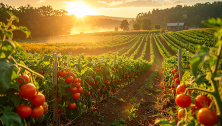 Rows of red tomatoes on a vineyard in the morning lightの素材
