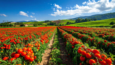 Rows of red tomatoes on the field in Tuscany, Italyの素材