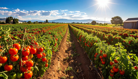 Agricultural field with rows of red ripe tomatoes in Provence, Franceの素材