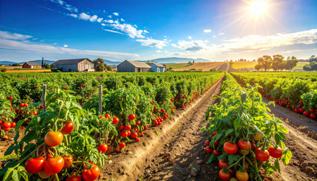 Rows of ripe red tomatoes in a vineyard in the countryside.の素材