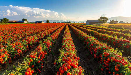 Agricultural field of ripe red tomatoes in the morning light.の素材