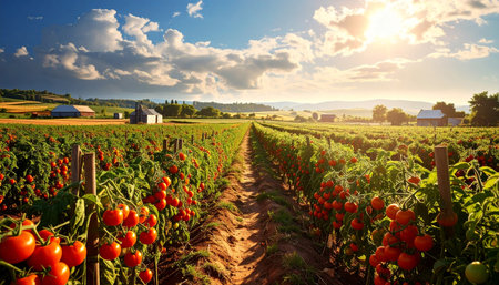 Rows of ripe tomatoes growing on a vineyard in the countrysideの素材