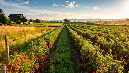 Rows of red hot chili peppers in the field at sunset.の素材