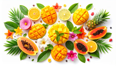 Tropical fruits with leaves and flowers on white background. Top viewの素材
