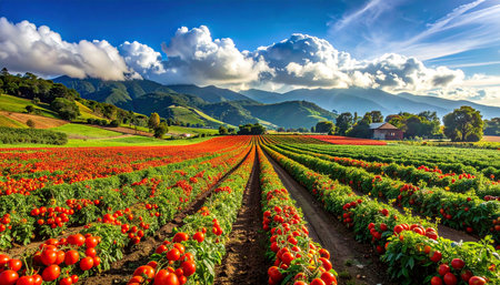 Landscape view of red tomato field in Chiang Mai, Thailandの素材