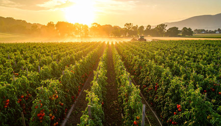 Rows of red tomatoes on the vineyard at sunset. Agricultural landscapeの素材