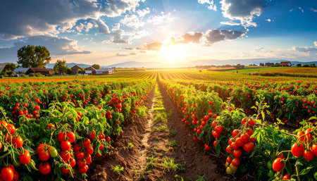 Sunset over a field of red tomatoes in the countryside of Bavariaの素材