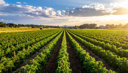 Rows of vineyards at sunset in the countryside of Bavaria, Germanyの素材