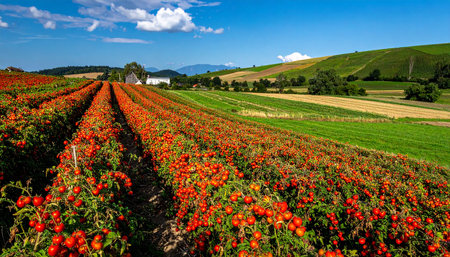 Agricultural landscape in Tuscany, Italy. Red tomatoes growing on a fieldの素材