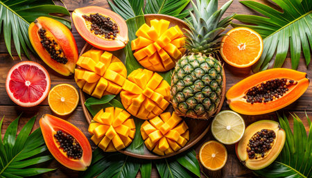 Tropical fruits on a wooden background. Top view. Copy space.の素材