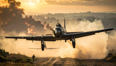 Military fighter jet in the sky with smoke and fire on the groundの素材