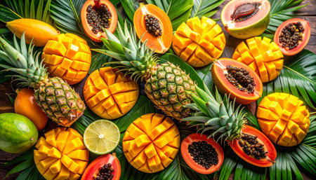 Tropical fruits background. Pineapple, mango, papayaの素材
