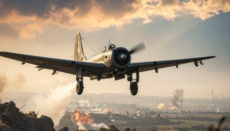 Airplane in the air with smoke and fire on the background.の素材