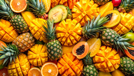 Tropical fruit background - pineapple, mango, kiwiの素材
