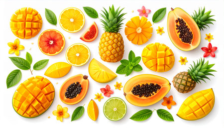 Set of tropical fruits. Pineapple, mango, orange, grapefruit, papaya, lemon, lime, plumeria flowers. Vector illustrationの素材