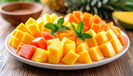 mango and pineapple on plate and on a table, stock photoの素材