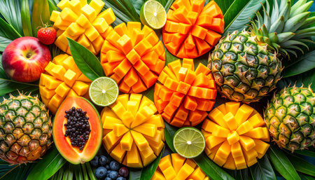 Mix of tropical fruits on the table, top view, copy spaceの素材