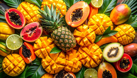 Tropical fruits on a wooden background. Healthy eating concept.の素材