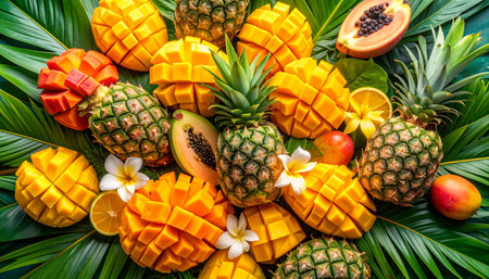 Tropical fruits on green background. Pineapple, mango, papaya, lemon and plumeriaの素材