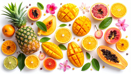 Fresh tropical fruits on white background. Top view. Flat lay.の素材