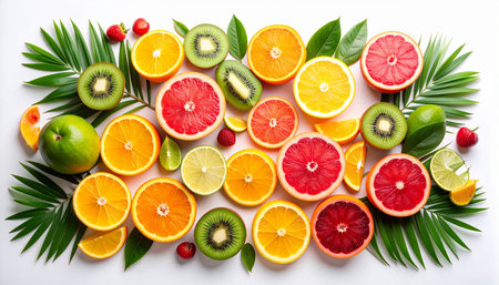 Different kinds of citrus fruit including lemons, lines, grapefruits and oranges.の素材