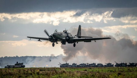 Military airshow in Kiev, dedicated to the 100th anniversary of the Victory in the Great Patriotic War. Airplanes in the sky.の素材