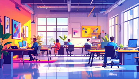People working in modern coworking office, coworking space interior, vector illustrationの素材