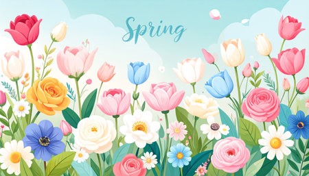 Spring flowers background with tulips and daisies. Vector illustration.の素材