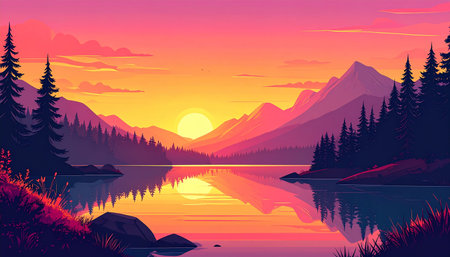 Mountain lake at sunset. Vector illustration in a flat style.の素材