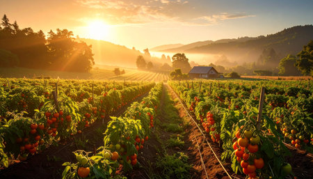 Sunrise in the countryside with red and yellow tomatoes growing in rowsの素材