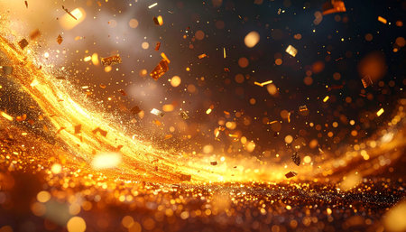 golden glitter confetti on black background. festive concept. 3d renderの素材