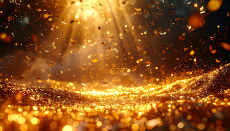 Golden bokeh lights on black background. 3d rendering.の素材