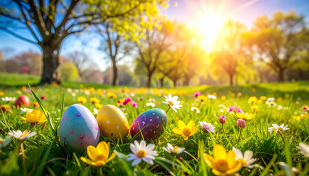 Colorful easter eggs on green grass with flowers in sunny dayの素材