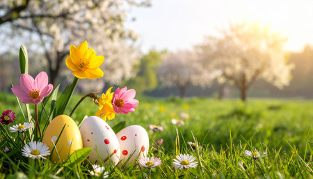 Easter eggs and spring flowers on green grass. Spring background.の素材
