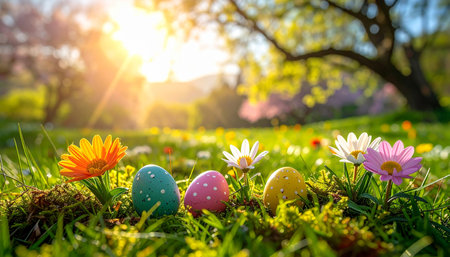 Colorful easter eggs in green grass with flowers in sunny dayの素材