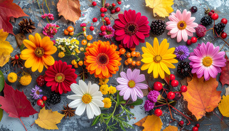 Colorful autumn flowers and berries on gray background. Top view.の素材